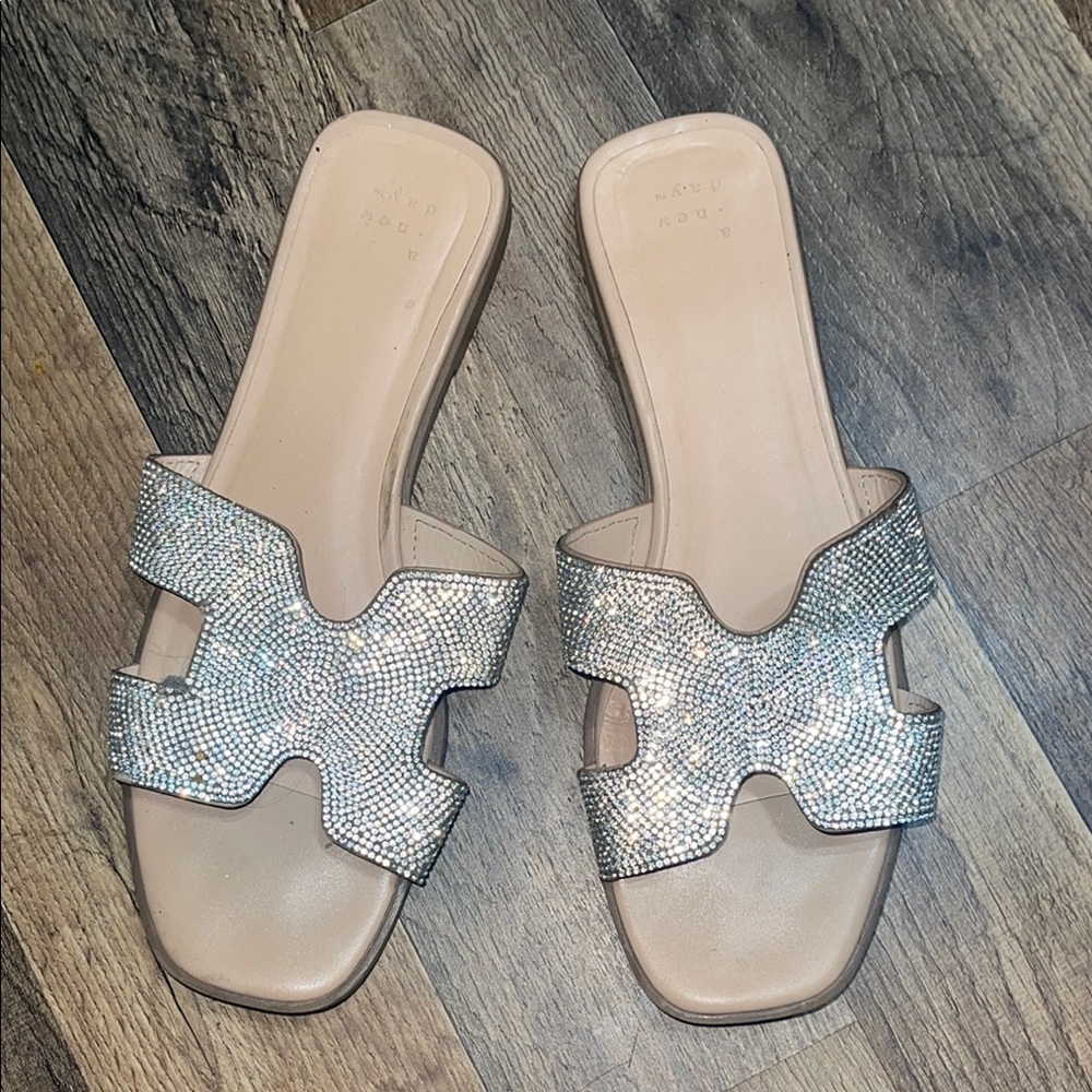 A New Day Silver Tan Slide Sandals with Glitter Bow